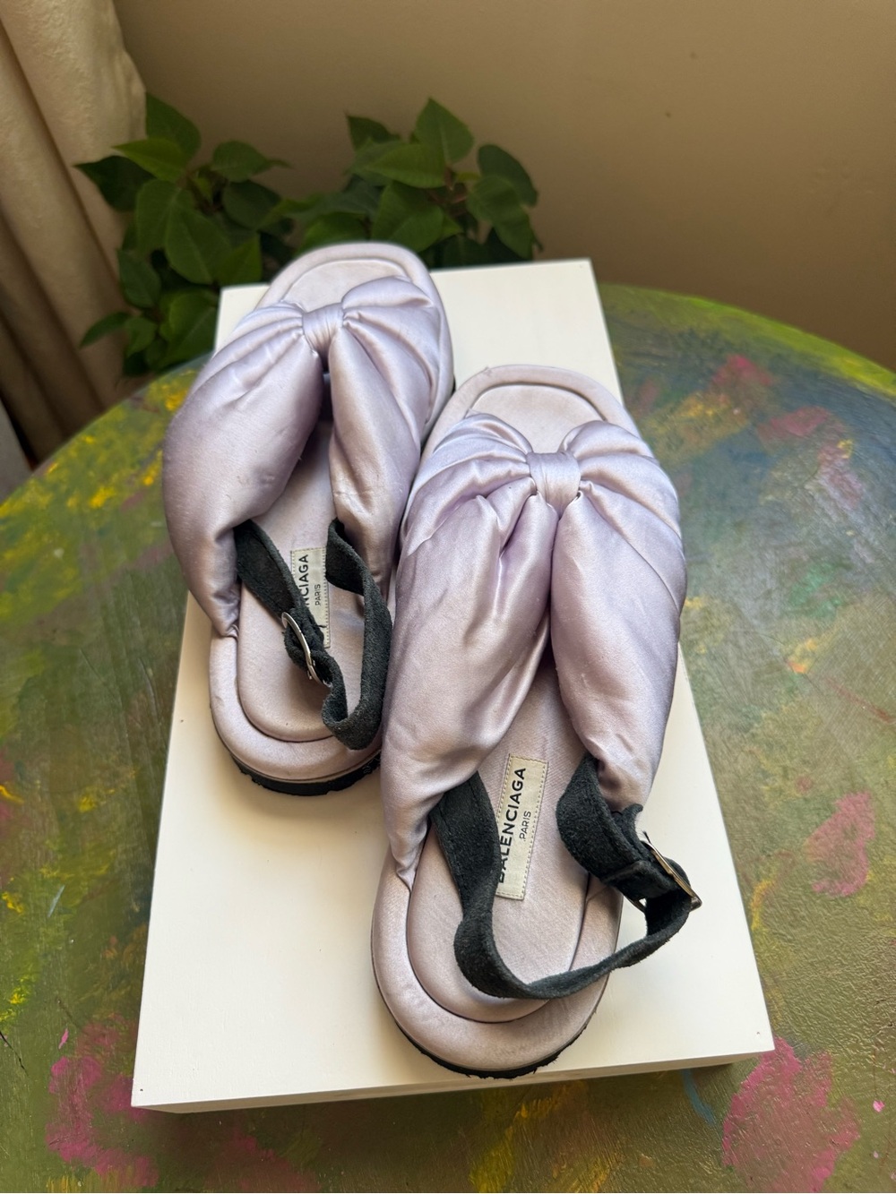 Balenciaga Pale Lavender Satin Knotted Slide Sandals